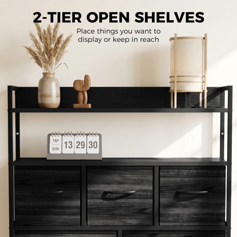 HOMCOM Chest of Drawers, Bedroom Fabric Dresser with 7 Drawers, Storage Organiser Unit with Open Shelves, Black Wood-Effect