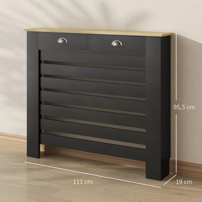 HOMCOM Couvercle de Radiateur, Cache-Radiateur, Grille à Lattes Horizontales avec 2 Tiroirs en Bois, 111 x 19 x 95,5 cm, Noir