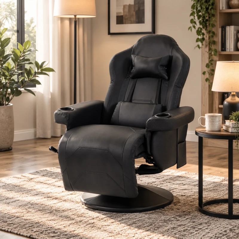 HOMCOM Manual Recliner Armchair PU Leather Lounge Chair w/ Adjustable Leg Rest, 135° Reclining Function, 360° Swivel, Black