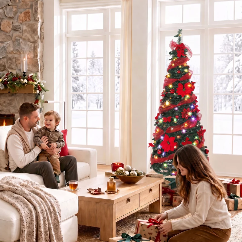HOMCOM Árbol de Navidad Artificial 150 cm con 100 Luces LED 150 Ramas 11 Modos Bolas, Cintas Soporte Plegable Verde y Rojo
