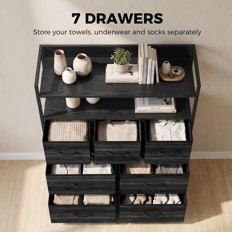 HOMCOM Chest of Drawers, Bedroom Fabric Dresser with 7 Drawers, Storage Organiser Unit with Open Shelves, Black Wood-Effect
