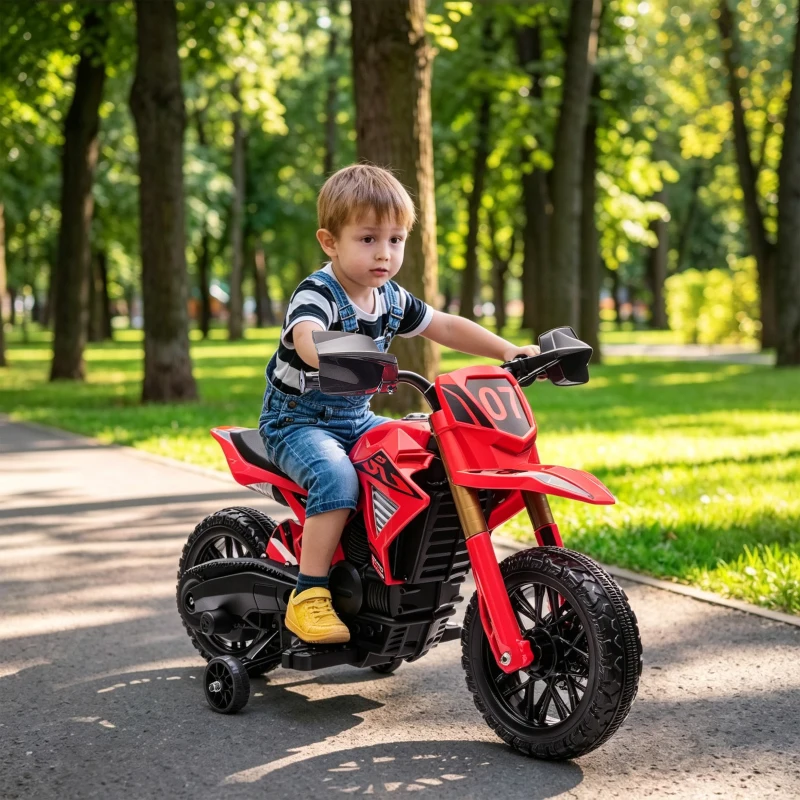 AIYAPLAY Moto Eléctrica para Niños de +3 Años Moto de Batería para Niños 12V con Ruedas Auxiliar y Bocina Carga 30 kg Rojo
