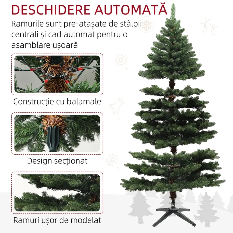 HOMCOM Brad de Crăciun din Plastic cu 1050 de Ramuri și Bază Pliabilă din Oțel, Ø120x180 cm, Verde