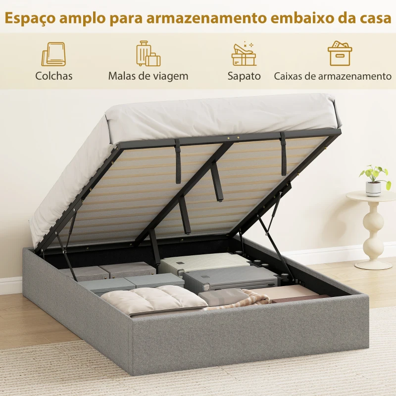 HOMCOM Cama de Casal 140x190 cm com Arrumação Elevatória, Estrutura com Estrado Estofada em Linho Cinzento