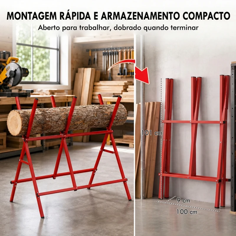 HOMCOM Cavalete Dobrável para Cortar Madeira Altura e Largura Ajustáveis Estrutura em A até 150 kg Vermelho