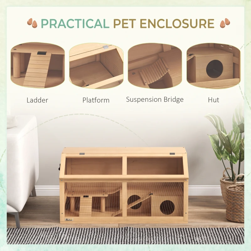 PawHut Hamster Cage, Wooden Small Animal Cage for Gerbils, Mice w/ Suspension Bridge, Openable Top, Hut, 85 x 45 x 44cm Nature