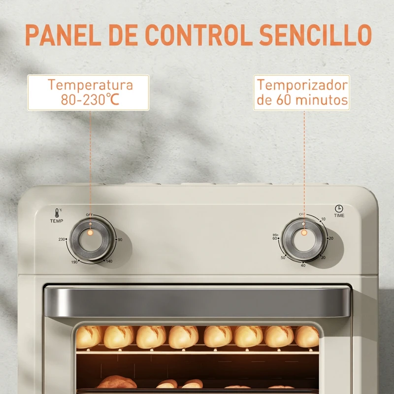 HOMCOM Horno Freidora de Aire 10 L con 2 Mandos Convección 360° Temperatura hasta 230 °C Temporizador 60 Min Bandeja y Cesta