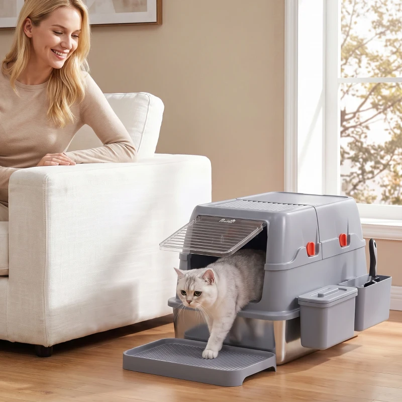 PawHut 3 in 1 Lettiera Gatto Chiusa Grande 49L in Acciaio Inox con Coperchio, Paletta, Pedana, 2 Contenitori, Grigio