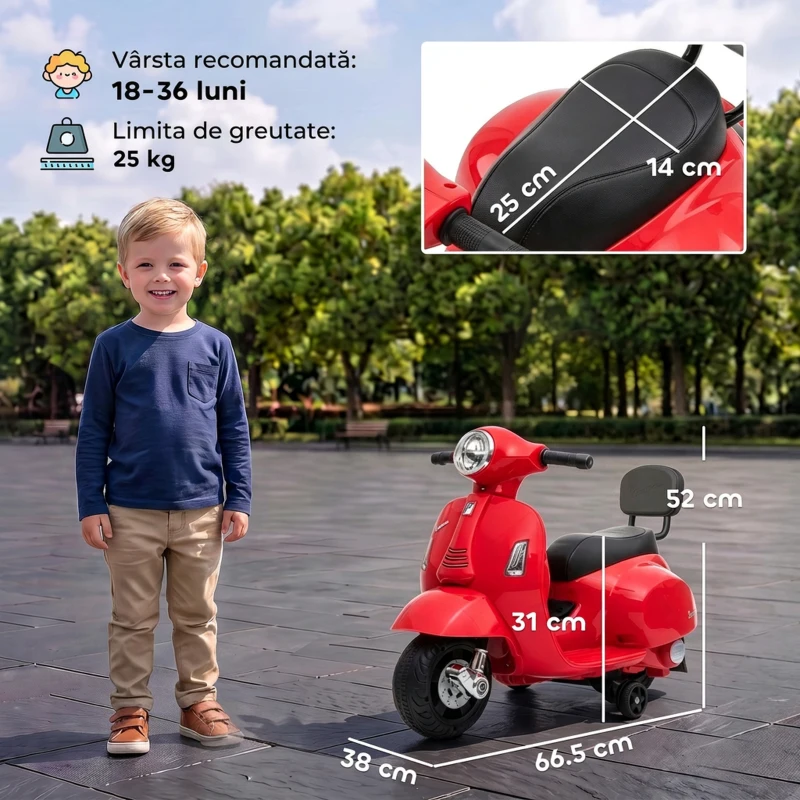 AIYAPLAY Motocicletă Electrică pentru Copii Mini Vespa Gts 7,2 V, 1,5-3 Ani, Roșie