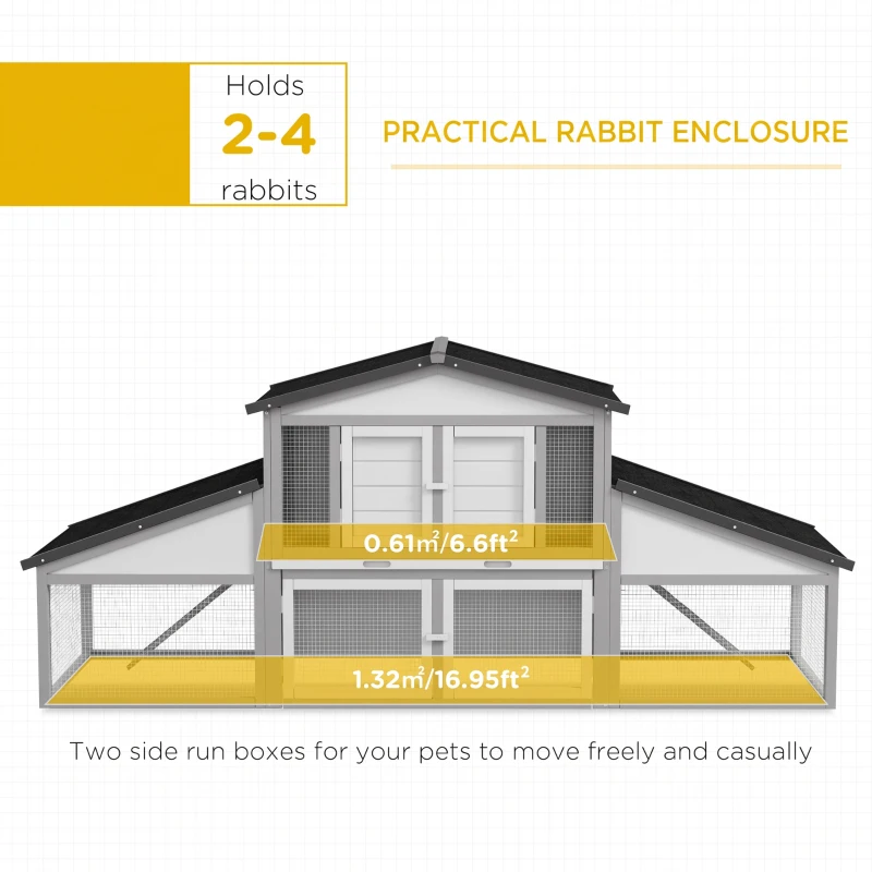PawHut Large Rabbit Hutch with Run, Outdoor Bunny Cage, with Tray, Ramp - Light Grey