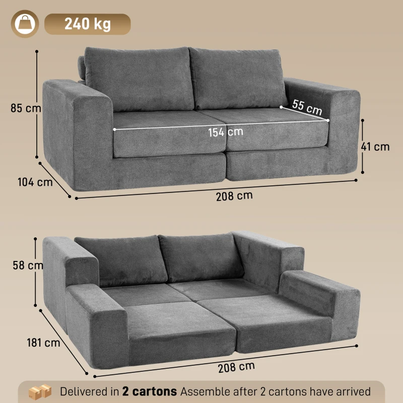 HOMCOM Sofa rozkładana 4-w-1 z funkcją spania, rozkładana, poduszki, 2-osobowa, szara
