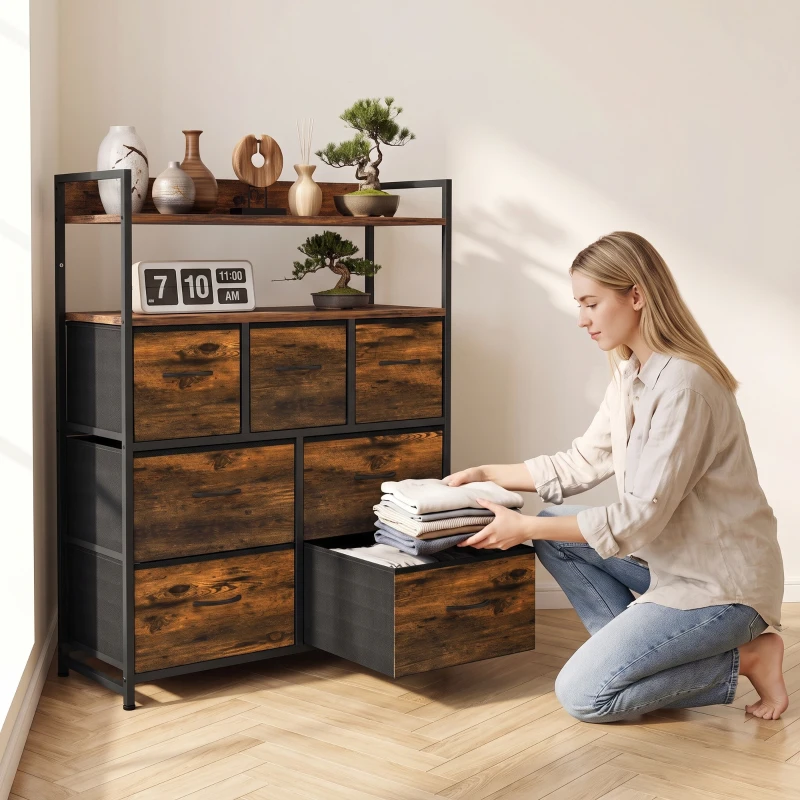 HOMCOM Cómoda de Tela con 7 Cajones y 2 Estantes de Estilo Industrial con Marco de Acero 79x29x101 cm Marrón Rustico