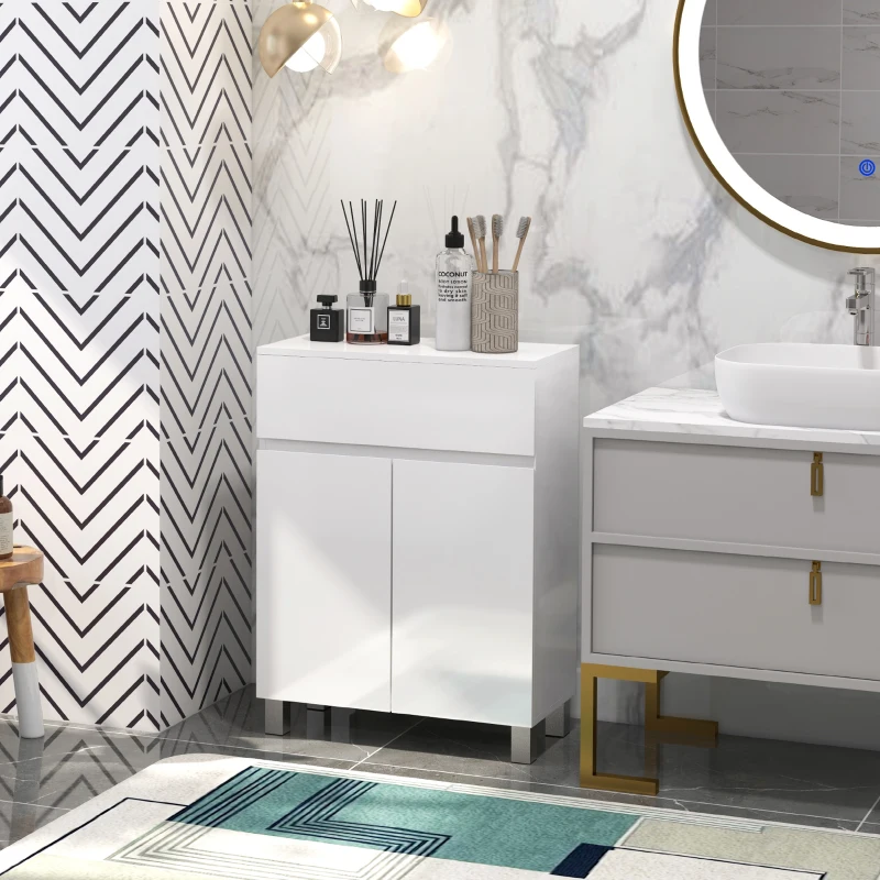 kleankin Mobile Bagno Lucido, Mobiletto Bagno Salvaspazio con Cassetto e Ripiano Regolabile, 60x30x80cm, Bianco