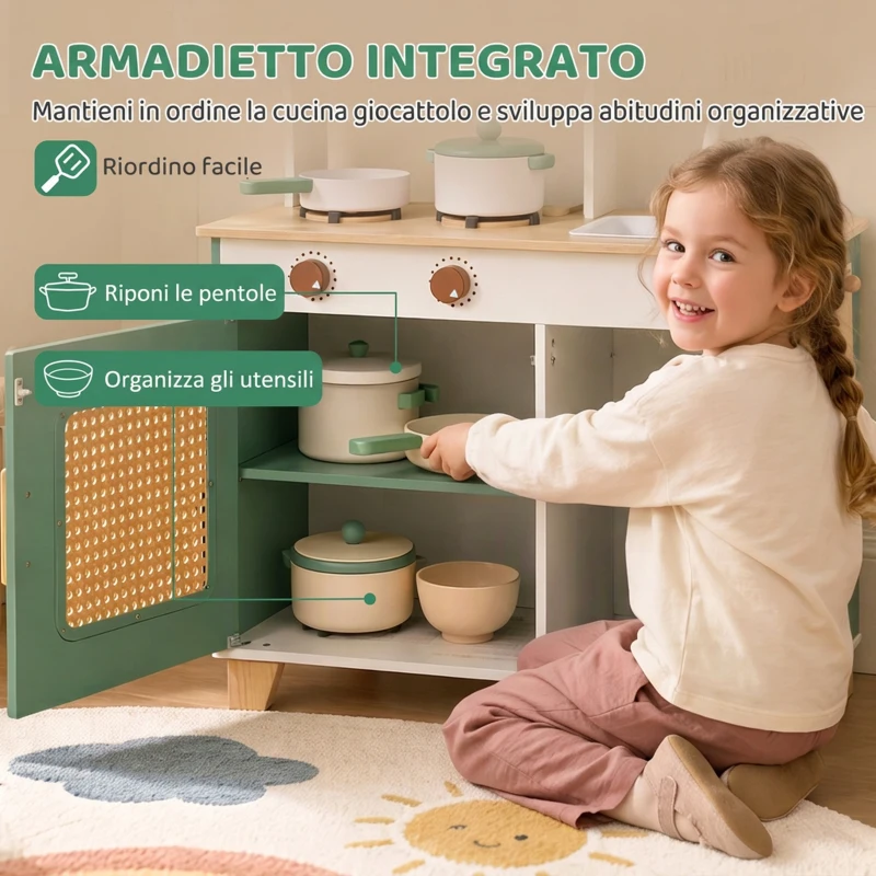 AIYAPLAY Cucina Giocattolo per Bambini in Legno con Accessori, Fornelli, Macchina del Caffè, Armadietto, 3-6 Anni, Verde