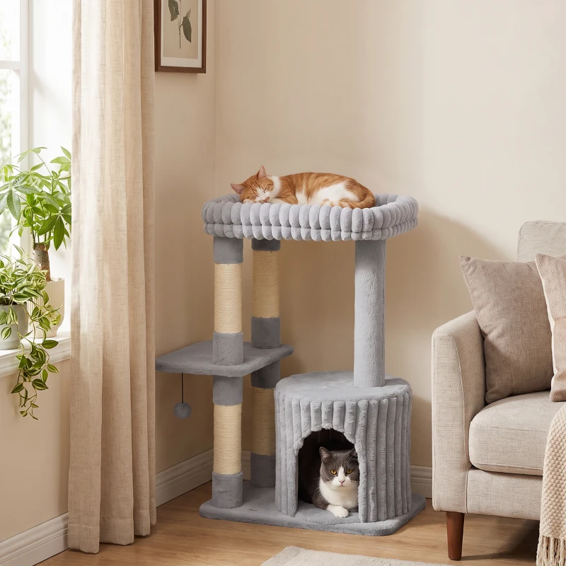 PawHut Katzenbaum, 93 cm 3 stufiger Kratzbaum mit Sisal-Kratzstämmen, Kuschelhöhle, großer Liegefläche, Plattform, bis 6 kg