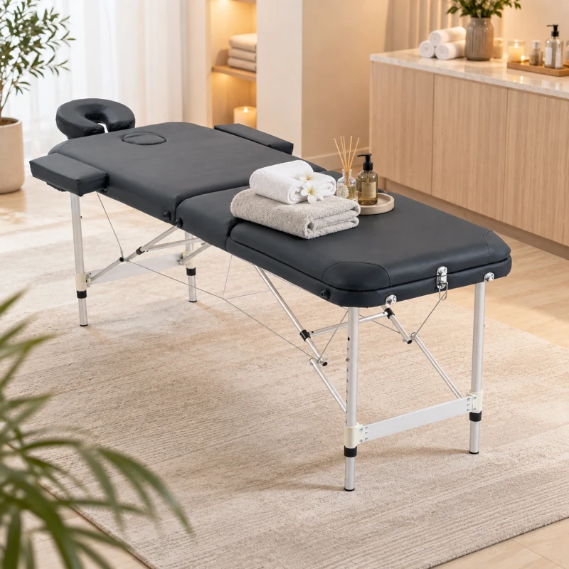 HOMCOM Foldable Massage Bed Portable Table, 3-Section Aluminium Foldable Beauty Couch with Headrest Support, 60 cm Width Black
