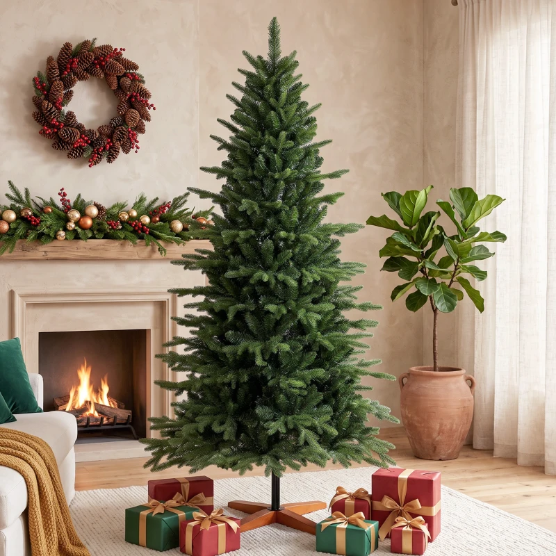 HOMCOM Kunstkerstboom 180 cm met inklapbare houten standaard, 1438 takpunten, groen