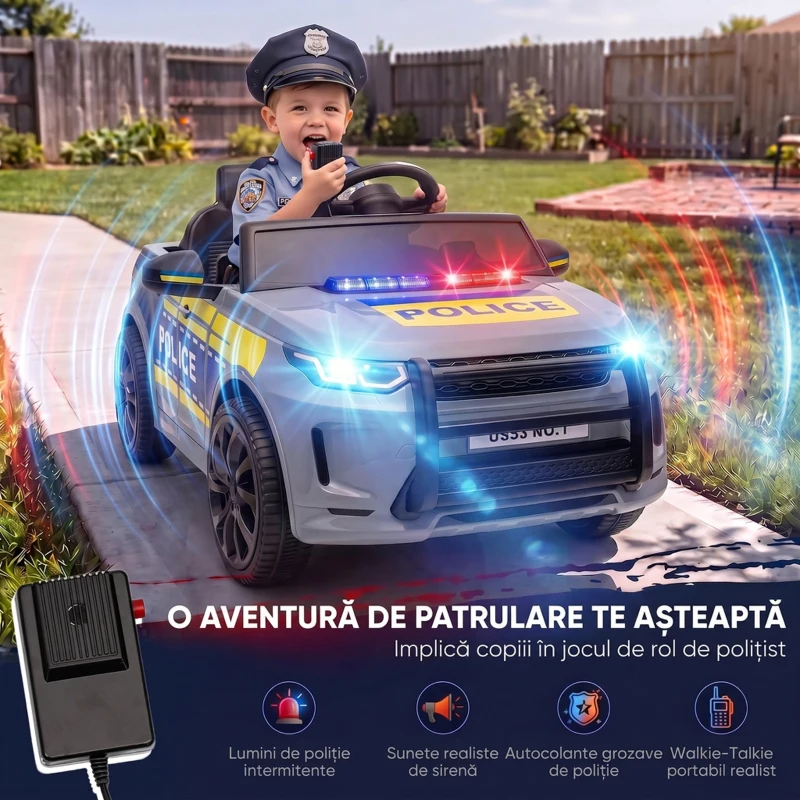 AIYAPLAY Mașină Electrică de Poliție 12V cu Telecomandă, Lumini și Sirenă, Gri