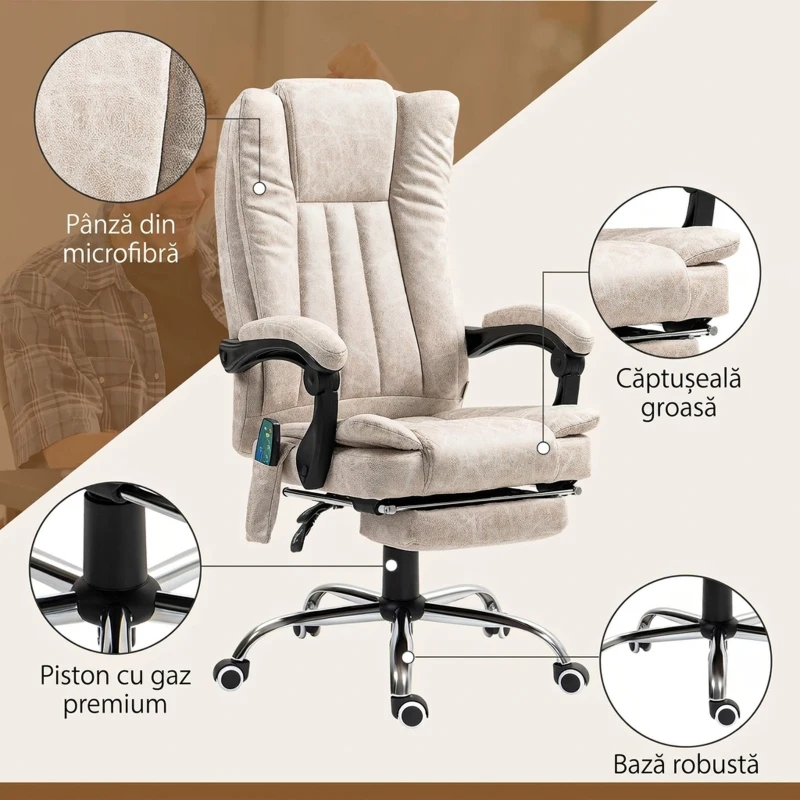 Vinsetto Scaun de Birou cu Funcție de Masaj, cu Suport pentru Picioare, din Microfibră, 62x67x113-120 cm, Crem