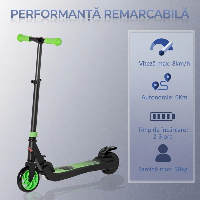 HOMCOM Trotinetă Electrică Pliabilă pentru Copii 6+ Ani cu Înălțime Reglabilă, 71x36.5x75-80 cm, Negru și Verde
