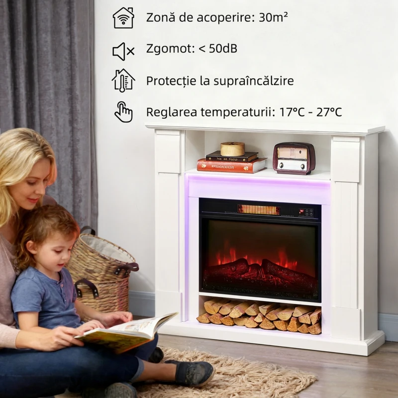 HOMCOM Șemineu Electric 1800W Reglabil cu Flacără 3D, Raft, Timer și Telecomandă, 105x27x97 cm, Alb