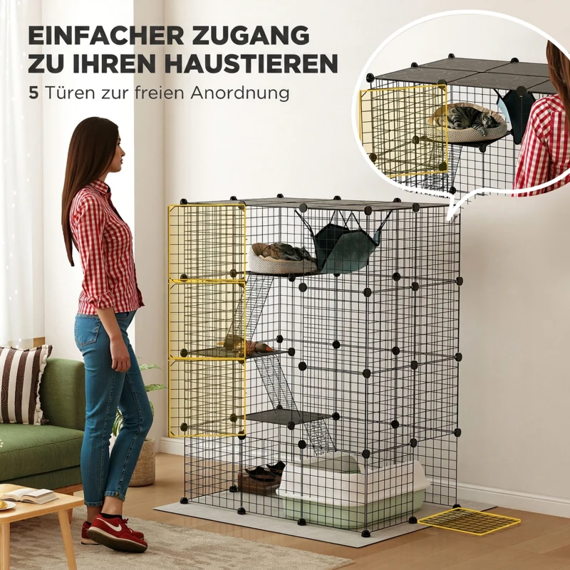 PawHut Kattenren voor binnen 140 cm, 4-laags stalen kattenkooi met 5 deuren, ladders, hangmat en platforms, DIY, zwart