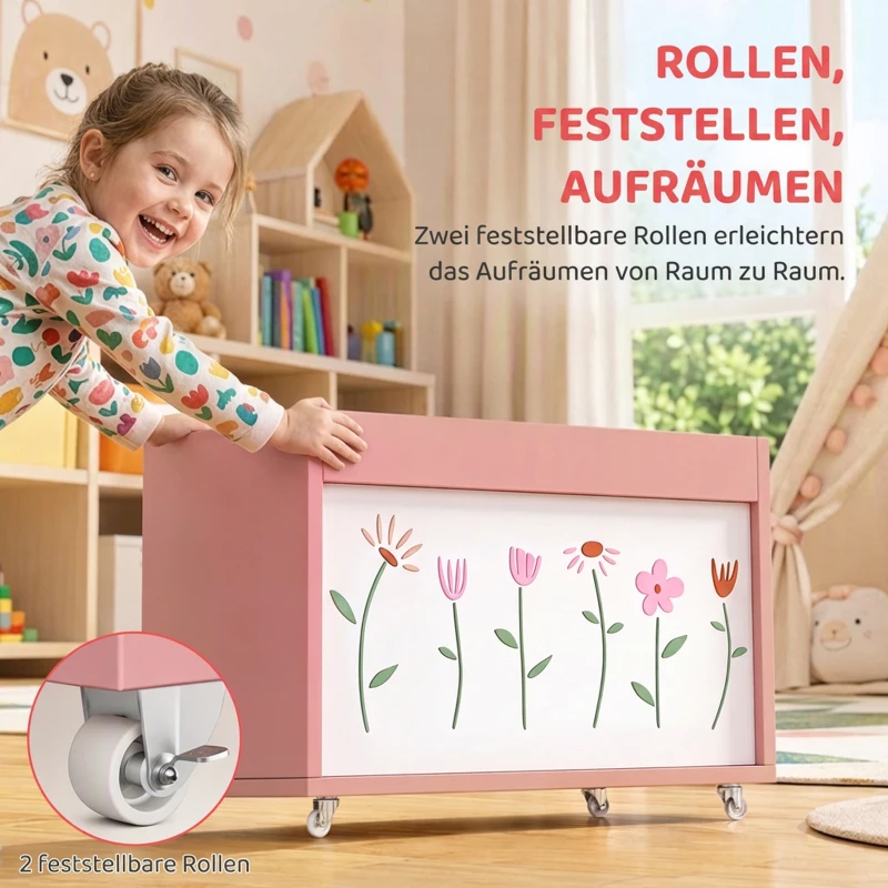 AIYAPLAY Speelgoedkist met wielen en remmen, 34,5 l open opbergbox met bloemenpatroon, 50 x 30 x 33,5 cm