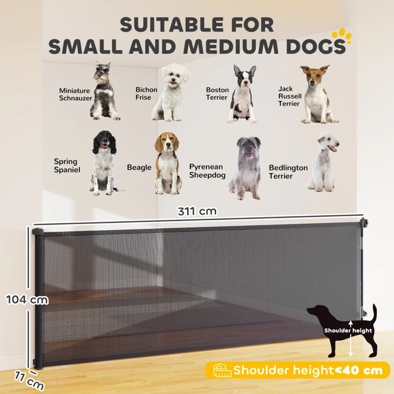 PawHut Retractable Dog Gate, Extends to 300 cm Wide & 104 cm Tall, Mesh Pet Gate Single Hand Operation, for Stairs Doorways