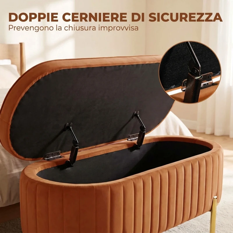 HOMCOM Panca Contenitore Ovale da 72L con Coperchio Sollevabile in Velluto e Legno, 107x42x45.5 cm, Marrone