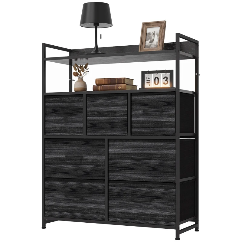 HOMCOM Chest of Drawers, Bedroom Fabric Dresser with 7 Drawers, Storage Organiser Unit with Open Shelves, Black Wood-Effect