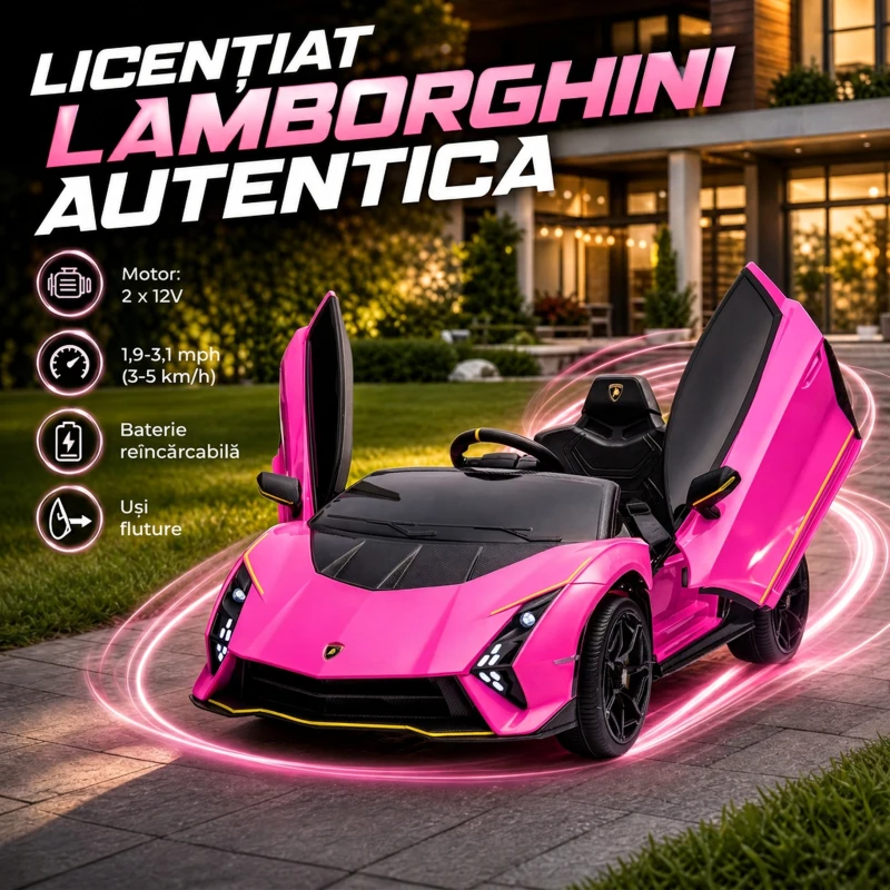 AIYAPLAY Mașină Electrică pentru Copii 3-6 Ani 12V Lamborghini Autentica, 2 Motoare, Uși Tip Foarfecă, Suspensii, Roz