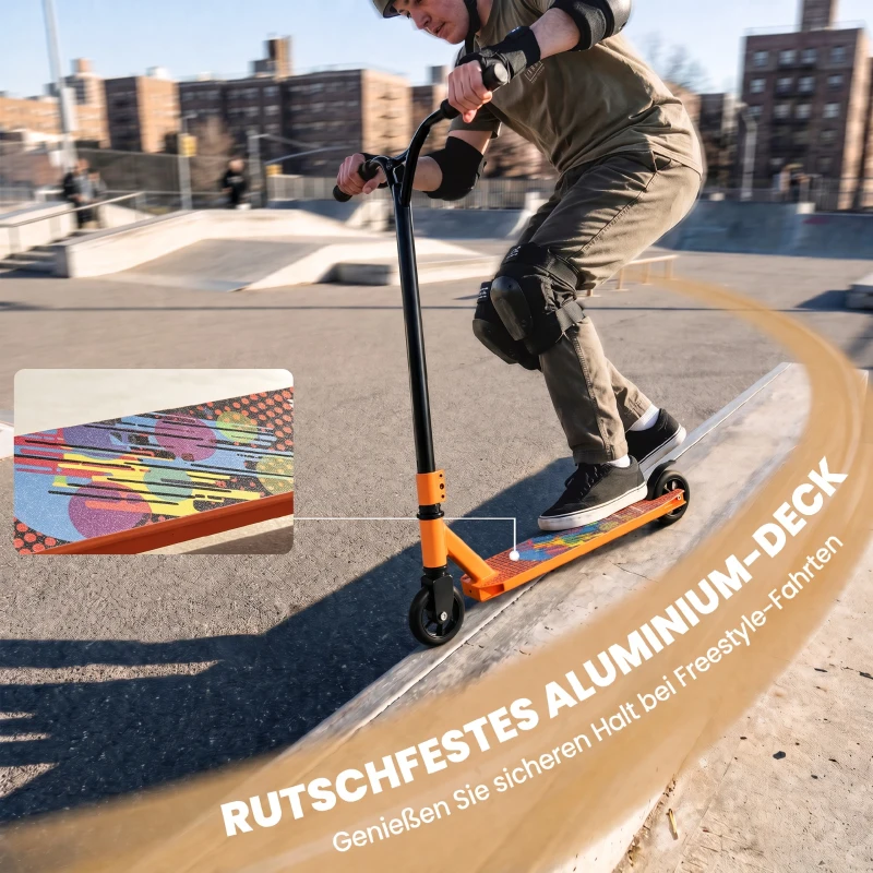 SPORTNOW Stunt-Scooter für Erwachsene & Jugendliche, Trick-Scooter mit 100 mm PU-Rollen, 360° Stahl-Y-Lenker, Aluminium-Deck, ABEC-7, Orange