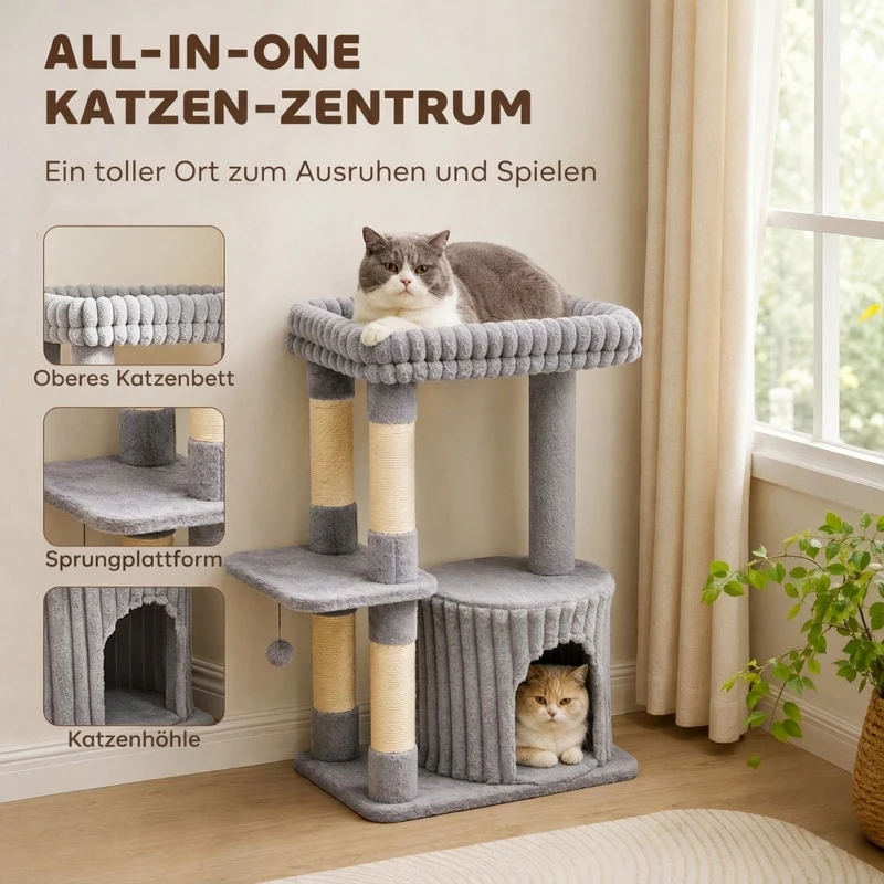 PawHut Katzenbaum, 93 cm 3 stufiger Kratzbaum mit Sisal-Kratzstämmen, Kuschelhöhle, großer Liegefläche, Plattform, bis 6 kg