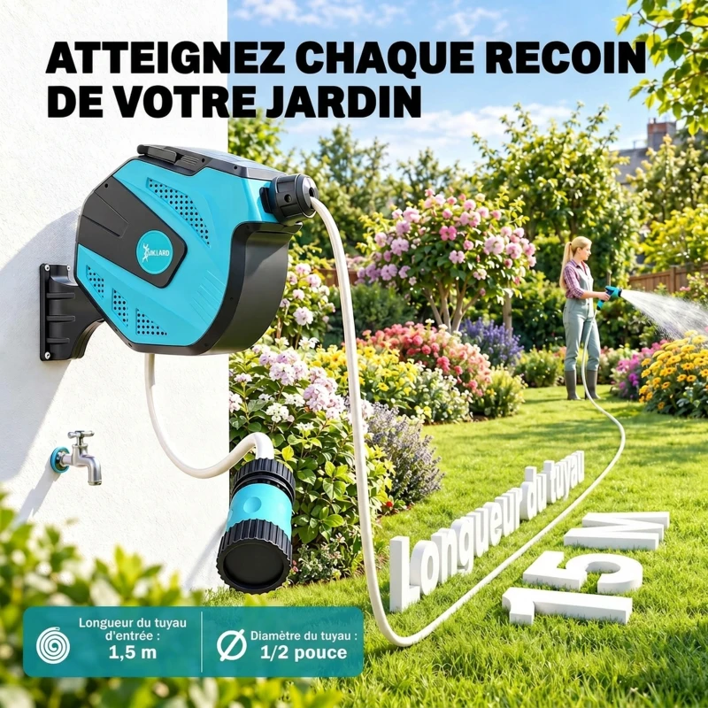 DURHAND Enrouleur automatique pivotant 180° fixation mural avec tuyau 15 + 1,5 m avec Buse de Pulvérisation, noir et vert