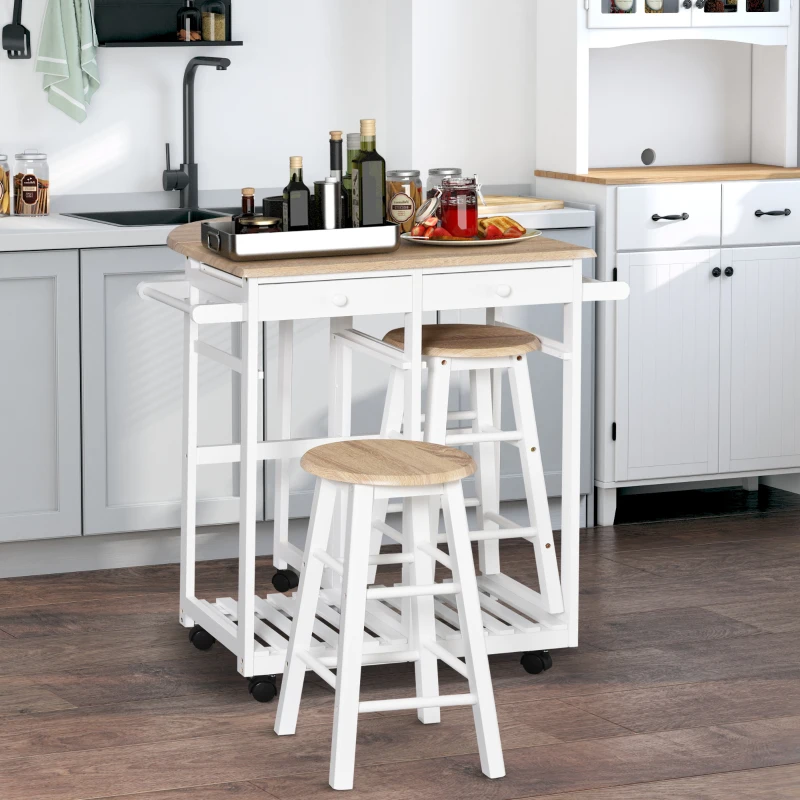 HOMCOM Ensemble Table de Bar Pliable sur roulettes avec étagère et 2 tiroirs + 2 tabourets Bois pin MDF Blanc chêne Clair
