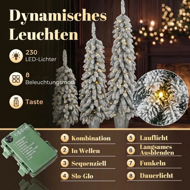 HOMCOM 3er-Set beschneite künstliche Weihnachtsbäume, vorbeleuchtet mit PVC-Zweigspitzen und warmweißen LED-Lichtern