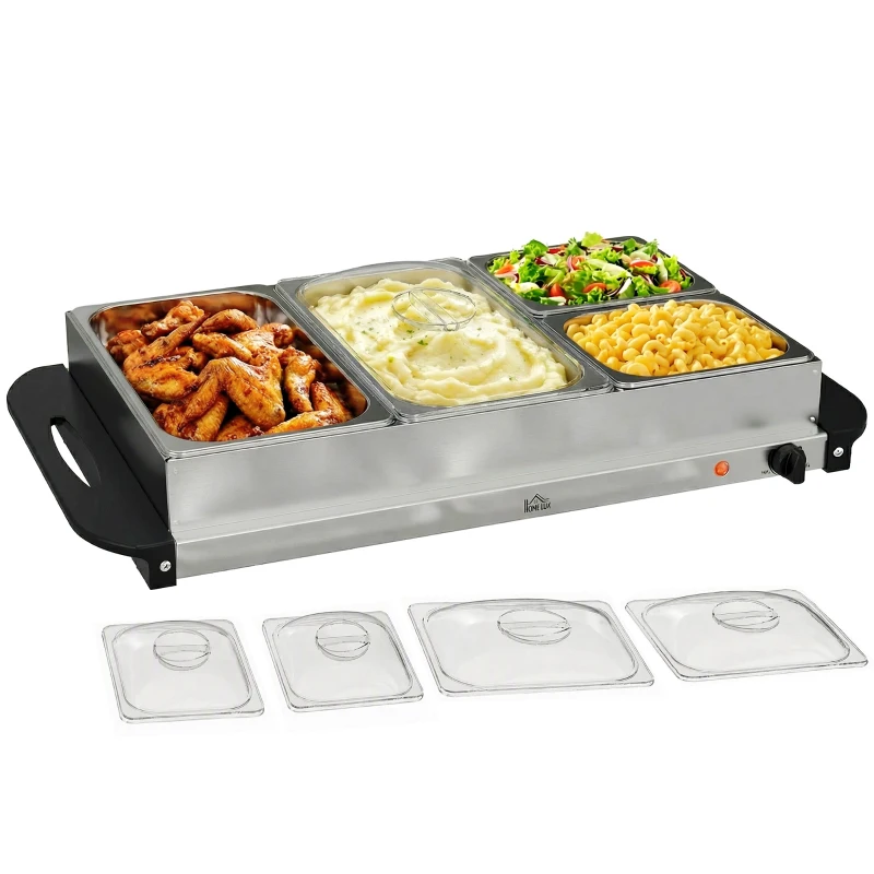HOMCOM 4 Tray Electric Food Warmer Buffet Server with Warming Plate, Cool Touch Handles, Adjustable Temperature, 300W, 2 x 2.4L and 2 x 1L Pans