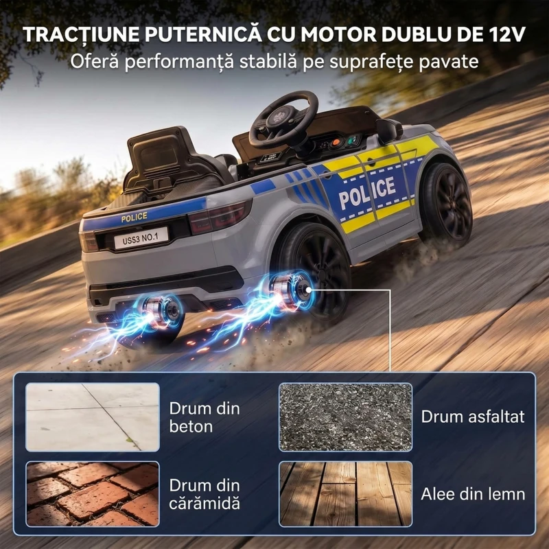 AIYAPLAY Mașină Electrică de Poliție 12V cu Telecomandă, Lumini și Sirenă, Gri