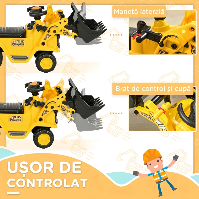 HOMCOM Escavator pentru Copii cu Cupă și Spațiu de Depozitare Ascuns, în PP și ABS, 80x26.5x39 cm, Galben și Negru