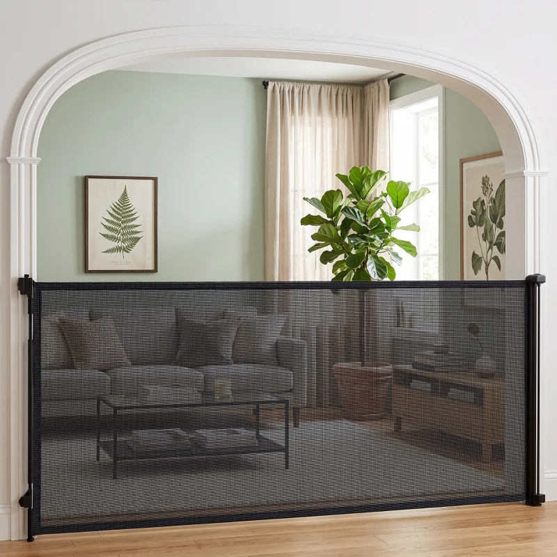 PawHut Retractable Dog Gate, Extends to 300 cm Wide & 104 cm Tall, Mesh Pet Gate Single Hand Operation, for Stairs Doorways