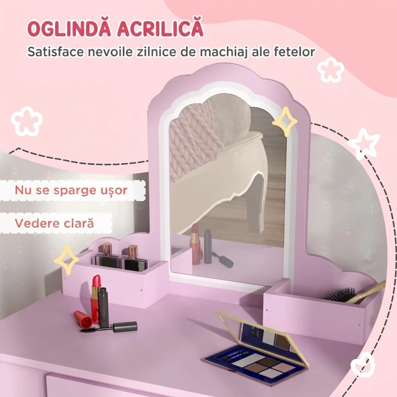 ZONEKIZ Set de toaletă pentru fetițe cu oglindă, scaun și spații de depozitare, din lemn roz