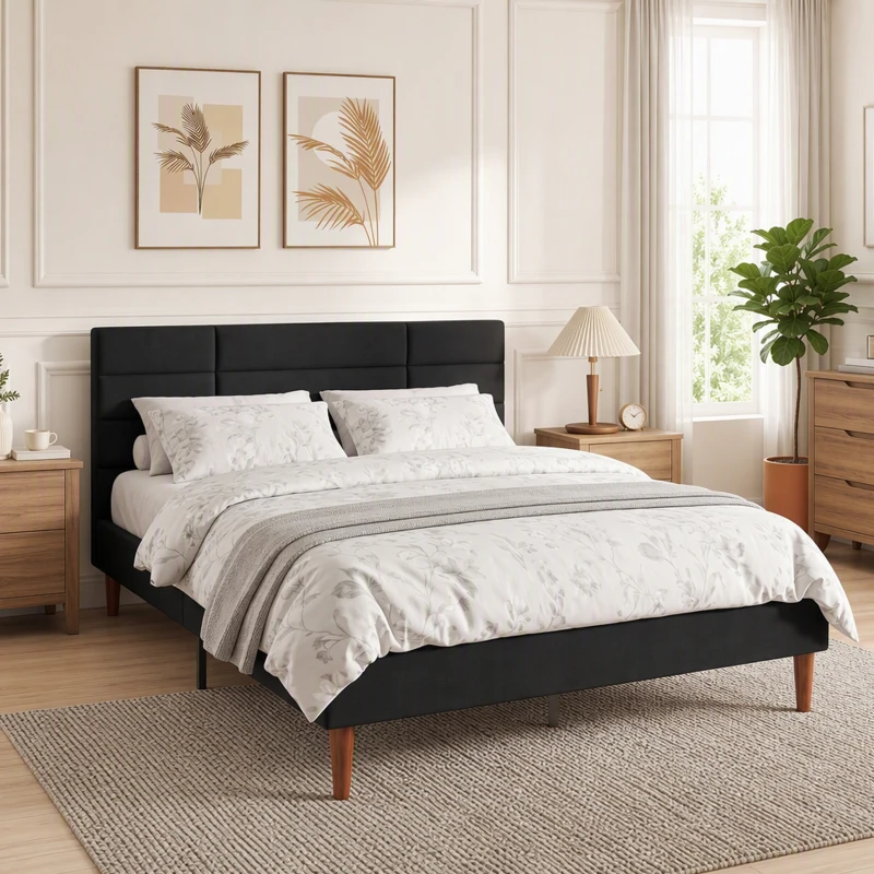 HOMCOM Cadre de Lit 140 x 200 cm avec Sommier Bois, Lit Double Rembourré en Effet Lin, Rangement au-dessous, Sans Bruit, Noir
