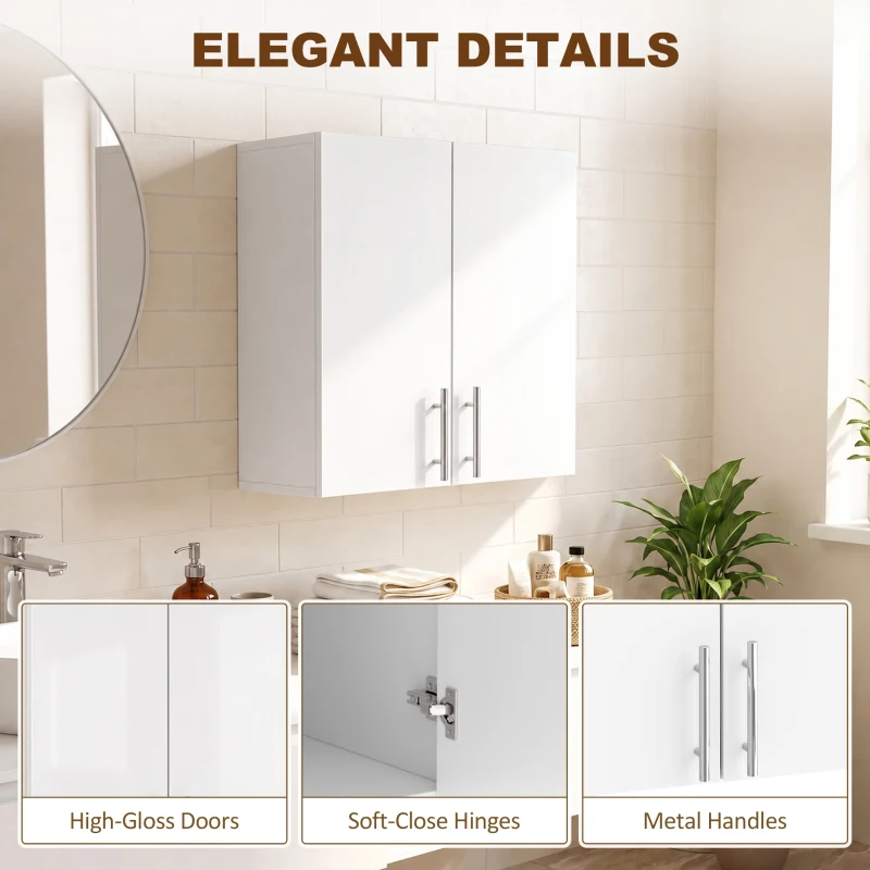 HOMCOM Bathroom Wall Cabinet, Wall-Mounted Bathroom Storage Cabinet with 2 Doors, Adjustable Shelf for Kitchen, White