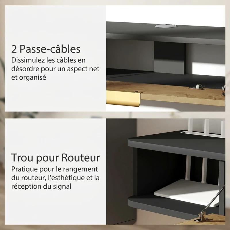 HOMCOM Meuble TV Suspendu avec Compartiments Ouverts, Porte Rabattable et Passe-Câbles, 120 x 24 x 16 cm, Gris Foncé