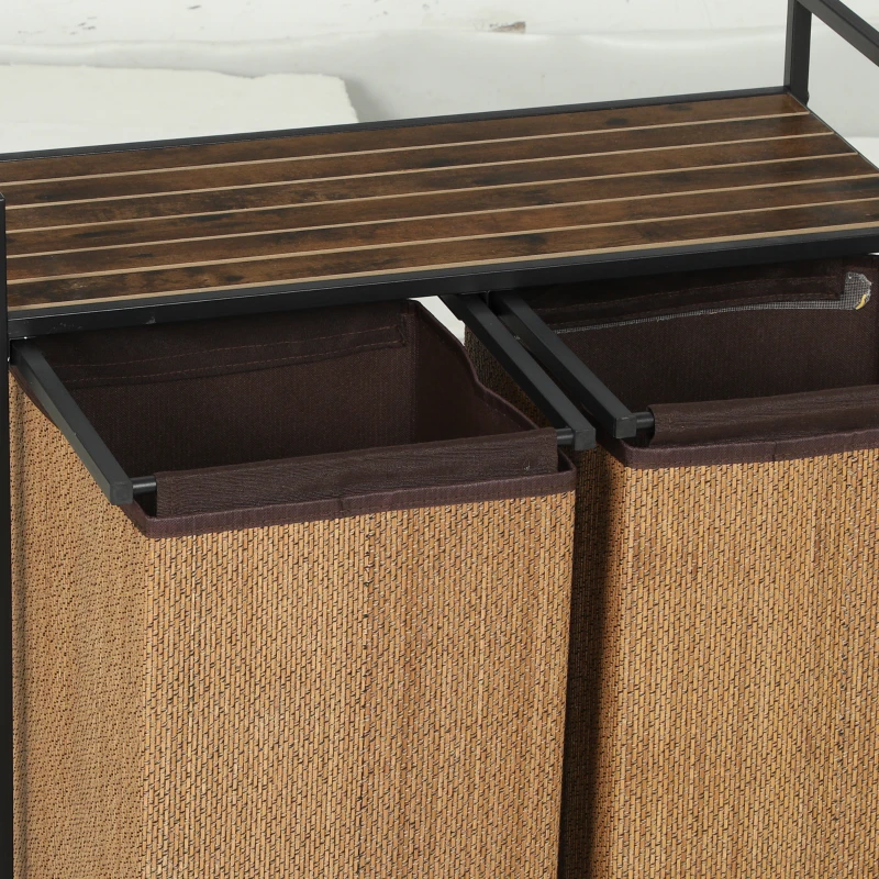 HOMCOM Wasmand Bamboe 2 vakken 120 L Wasverzamelaar met Plank, Wasbox, Verrijdbaar 73x33x78 cm, Bruin