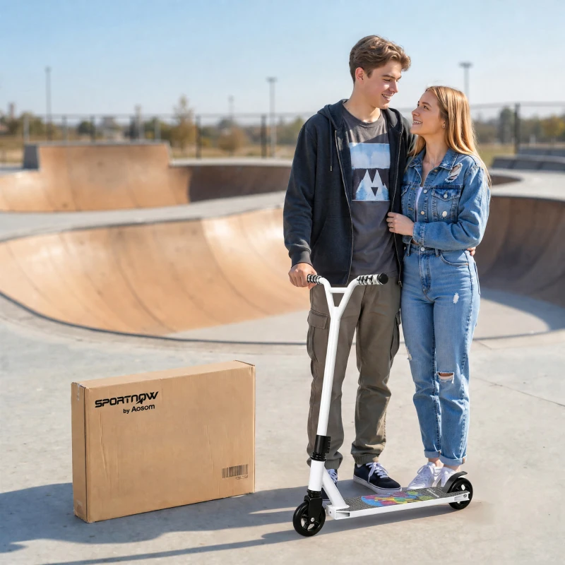 SPORTNOW Scooter Acrobático para Trucos con Plataforma de Aluminio Rodamientos ABEC-7 Ruedas 100 mm Manillar 360° Blanco
