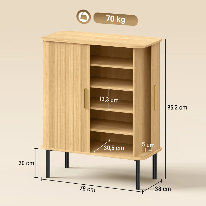 HOMCOM Zapatero de 5 Niveles con Puertas Correderas 4 Estantes Ajustables y Compartimentos Laterales Roble