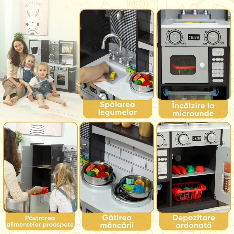 AIYAPLAY Bucătărie de jucărie pentru copii 3-8 ani din lemn cu accesorii, frigider, chiuvetă și butoane cu sunete, maro