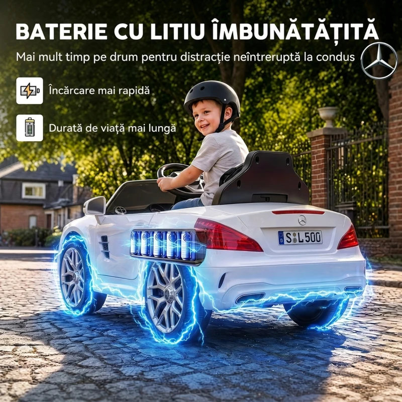 AIYAPLAY Mașină Electrică pentru Copii Mercedes-Benz SL500 12V cu 2 Motoare, Suspensie, Muzică și Telecomandă, Alb