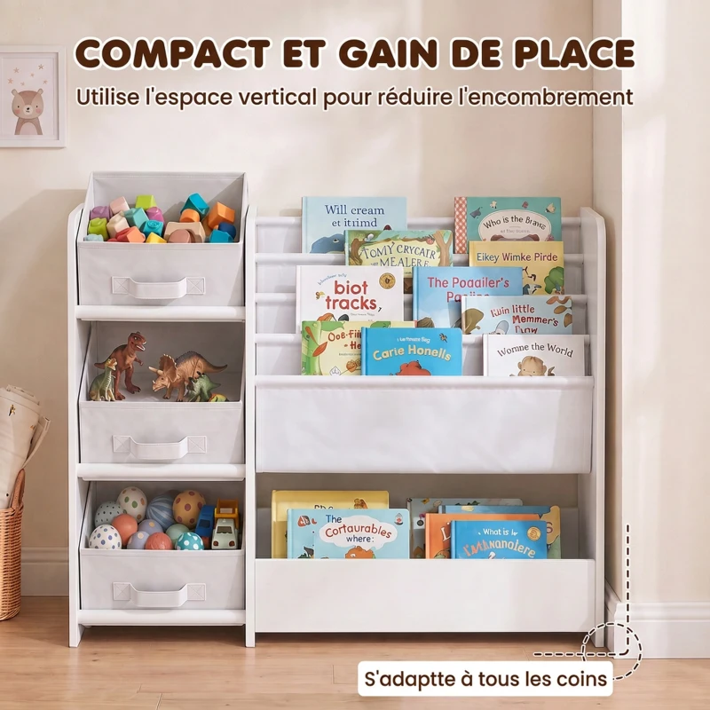 AIYAPLAY Meuble Rangement Enfant à 3 Niveaux avec 4 Porte-livres, 3 Bacs en Tissu et Compartiment, 64,5 x 30 x 66 cm, Blanc